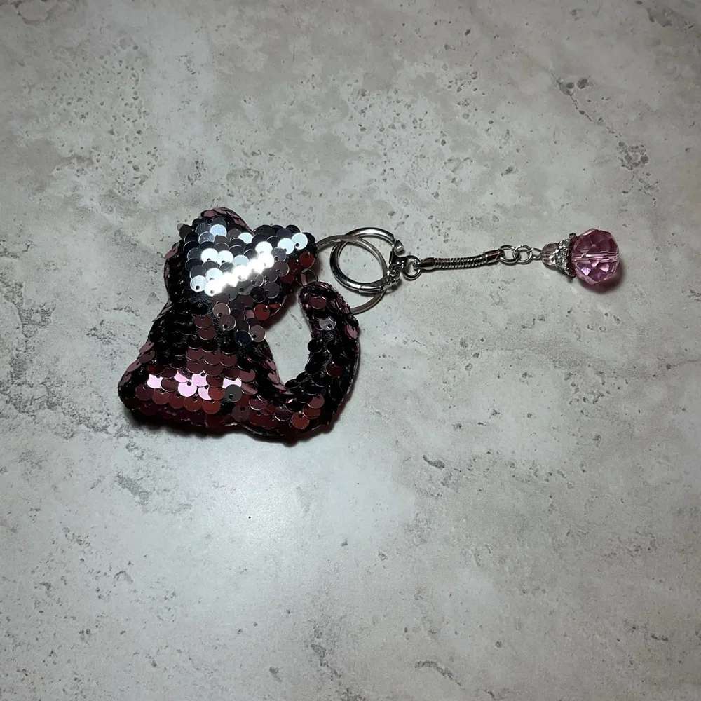 Sequin Cat purse charm with a crystal bead charm, add it to any bag